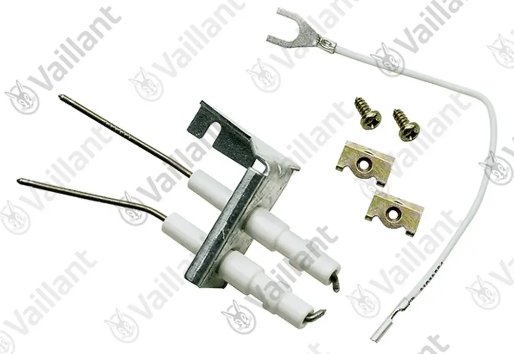Vaillant Zündelektrode mit Anschlusssteckern, Schrauben und Draht, bestehend aus Metall und Keramikelementen.